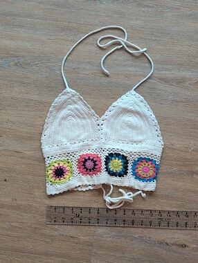 Crochet Bra Top In Off White with Colorful Accents, 100% Cotton, Medium